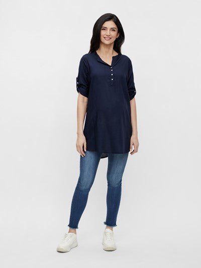 Mamalicious 3/4 ærmet vente tunika, navy viskose, MLMercy#MamaliciousShirtBuump