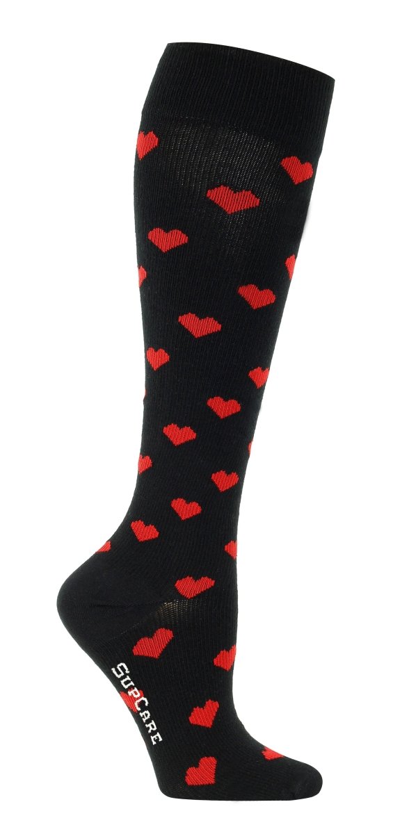 Støttestrømper, sorte med røde hjerter, øko tex bomuld, SupCare#SupcarestockingsBuump