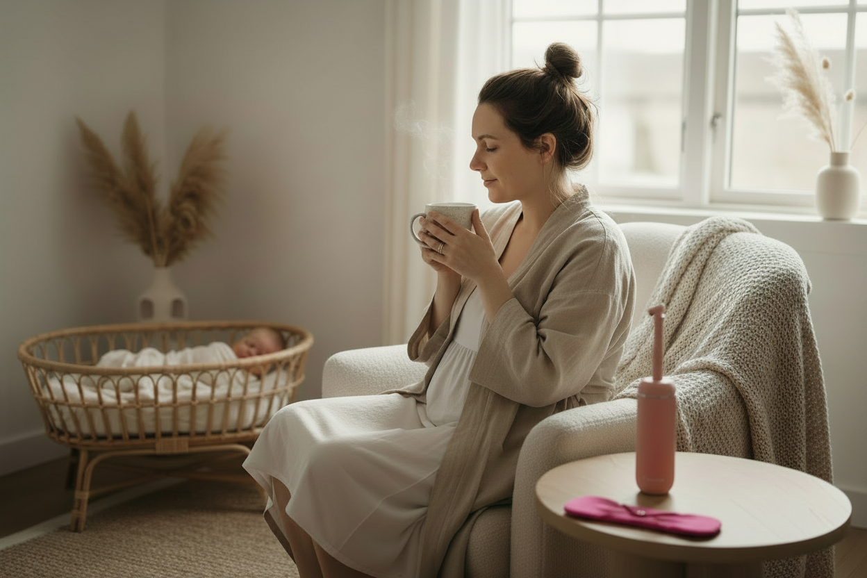 Postpartum mor med fuldt hoved synligt – landscape banner