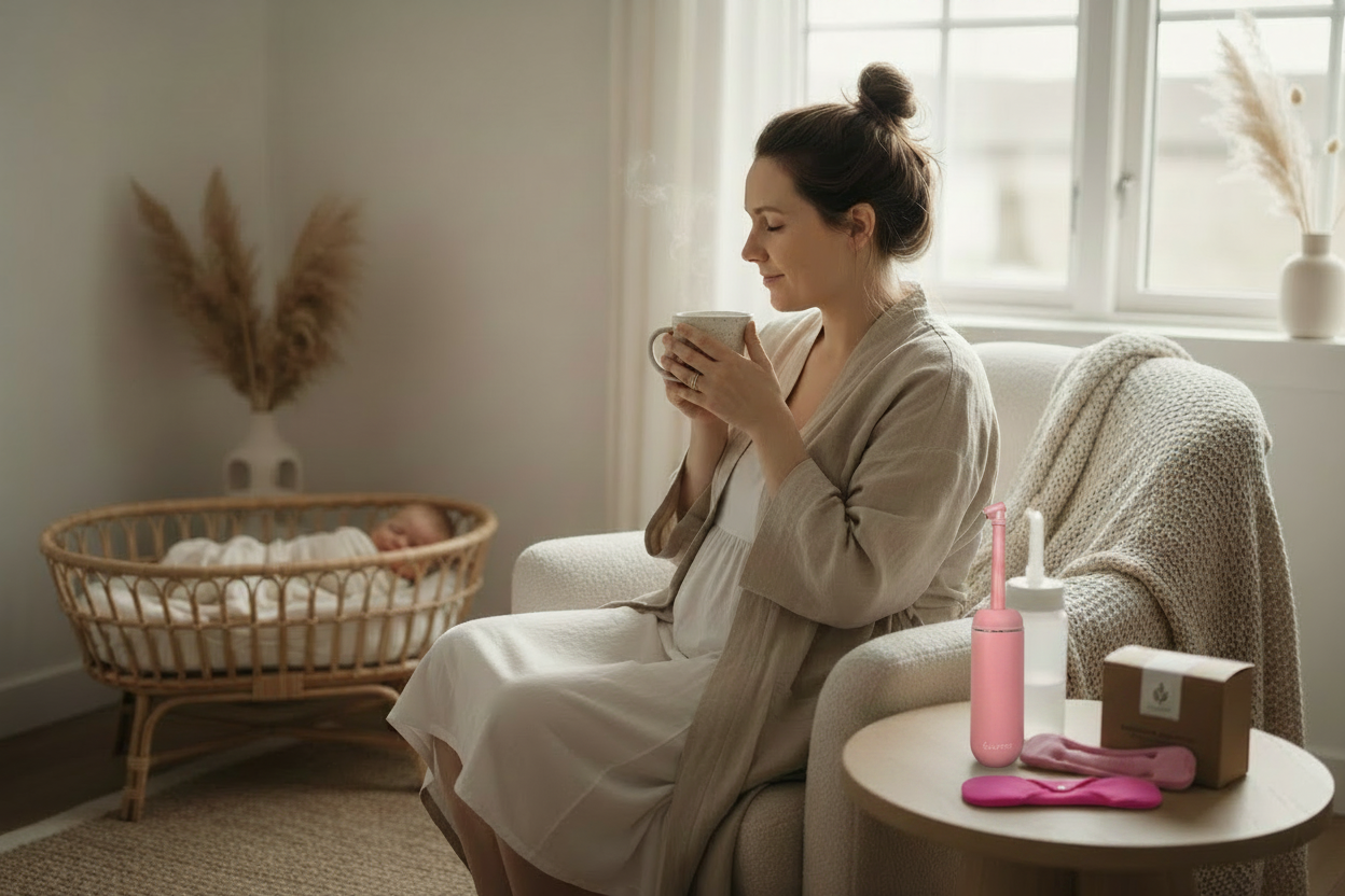 Postpartum mor med kølebind og skylleflaske på bordet